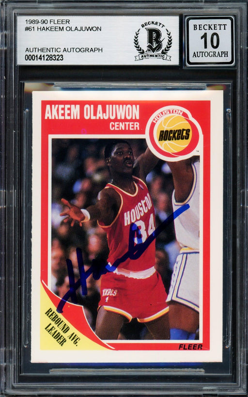 Hakeem Olajuwon Autographed 1989-90 Fleer Card #61 Houston Rockets Auto Grade Gem Mint 10 Beckett BAS #14128323 - RSA