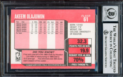 Hakeem Olajuwon Autographed 1989-90 Fleer Card #61 Houston Rockets Auto Grade Gem Mint 10 Beckett BAS #14128323 - RSA