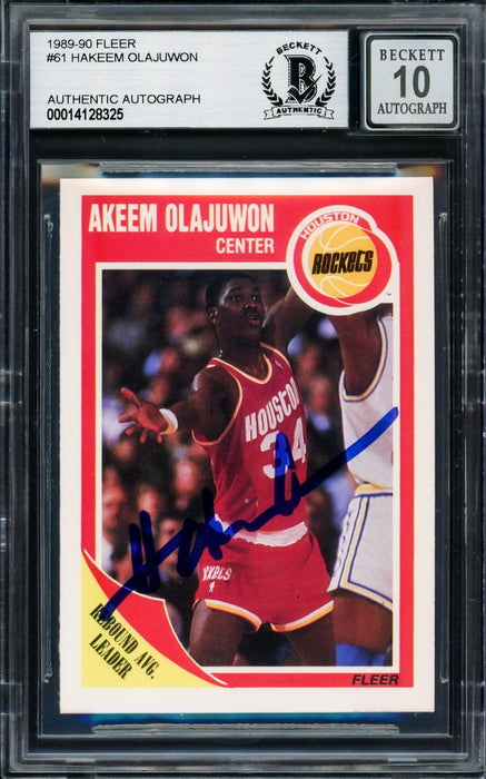 Hakeem Olajuwon Autographed 1989-90 Fleer Card #61 Houston Rockets Auto Grade Gem Mint 10 Beckett BAS #14128325 - RSA