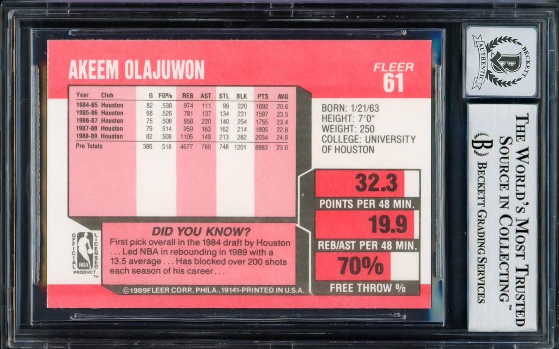 Hakeem Olajuwon Autographed 1989-90 Fleer Card #61 Houston Rockets Auto Grade Gem Mint 10 Beckett BAS #14128325 - RSA