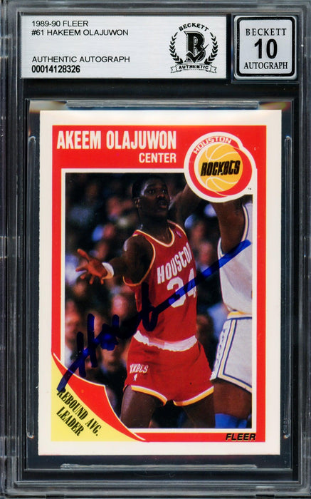 Hakeem Olajuwon Autographed 1989-90 Fleer Card #61 Houston Rockets Auto Grade Gem Mint 10 Beckett BAS #14128326 - RSA
