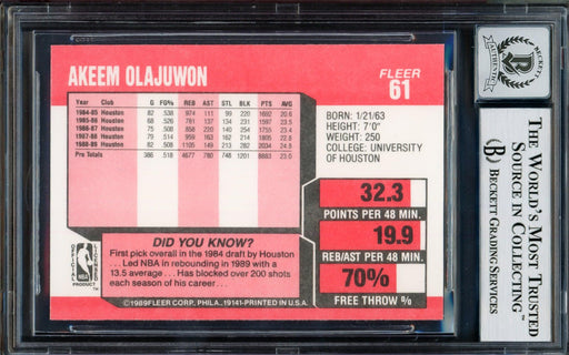 Hakeem Olajuwon Autographed 1989-90 Fleer Card #61 Houston Rockets Auto Grade Gem Mint 10 Beckett BAS #14128326 - RSA