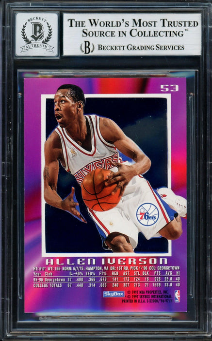 Allen Iverson Autographed 1996-97 Skybox E-X 2000 Rookie Card #53 Philadelphia 76ers Auto Grade Gem Mint 10 Beckett BAS #14128512 - RSA