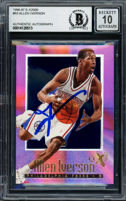 Allen Iverson Autographed 1996-97 Skybox E-X 2000 Rookie Card #53 Philadelphia 76ers Auto Grade Gem Mint 10 Beckett BAS #14128513 - RSA