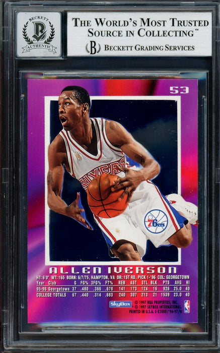 Allen Iverson Autographed 1996-97 Skybox E-X 2000 Rookie Card #53 Philadelphia 76ers Auto Grade Gem Mint 10 Beckett BAS #14128513 - RSA