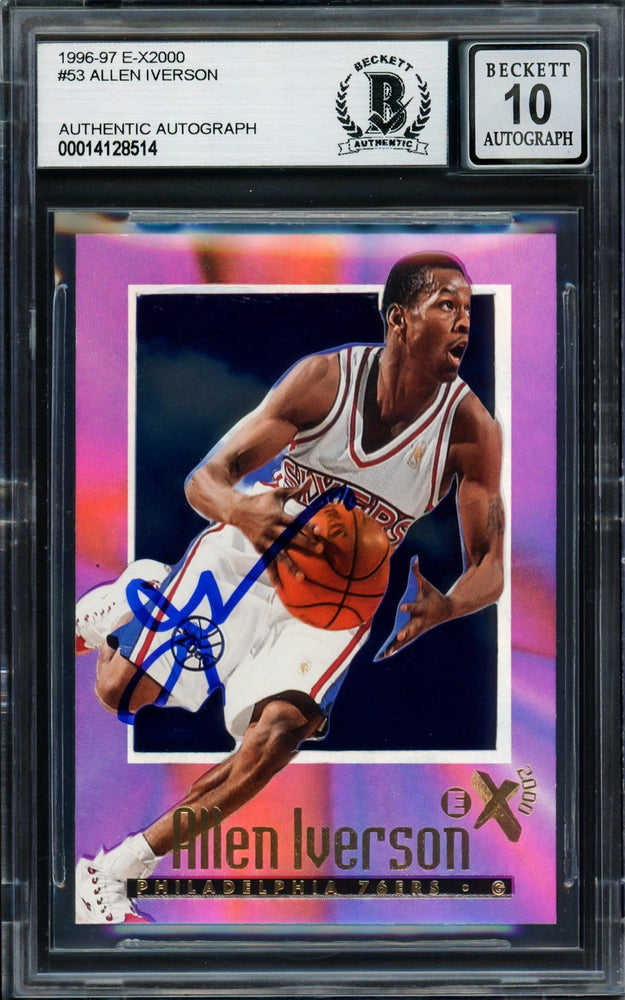Allen Iverson Autographed 1996-97 Skybox E-X 2000 Rookie Card #53 Philadelphia 76ers Auto Grade Gem Mint 10 Beckett BAS #14128514 - RSA