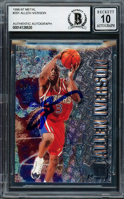Allen Iverson Autographed 1996-97 Fleer Metal Rookie Card #201 Philadelphia 76ers Auto Grade Gem Mint 10 Beckett BAS Stock #205769 - RSA