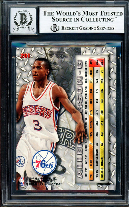 Allen Iverson Autographed 1996-97 Fleer Metal Rookie Card #201 Philadelphia 76ers Auto Grade Gem Mint 10 Beckett BAS Stock #205769 - RSA
