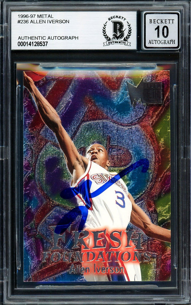 Allen Iverson Autographed 1996-97 Fleer Metal Fresh Foundations Rookie Card #236 Philadelphia 76ers Auto Grade Gem Mint 10 Beckett BAS Stock #205770 - RSA