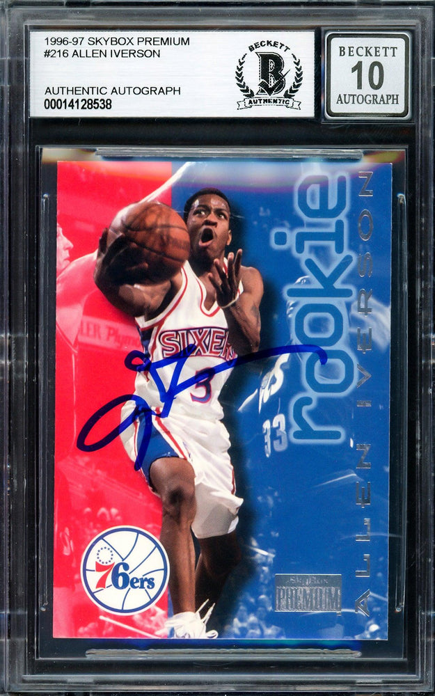 Allen Iverson Autographed 1996-97 Skybox Premium Rookie Card #216 Philadelphia 76ers Auto Grade Gem Mint 10 Beckett BAS Stock #205771 - RSA