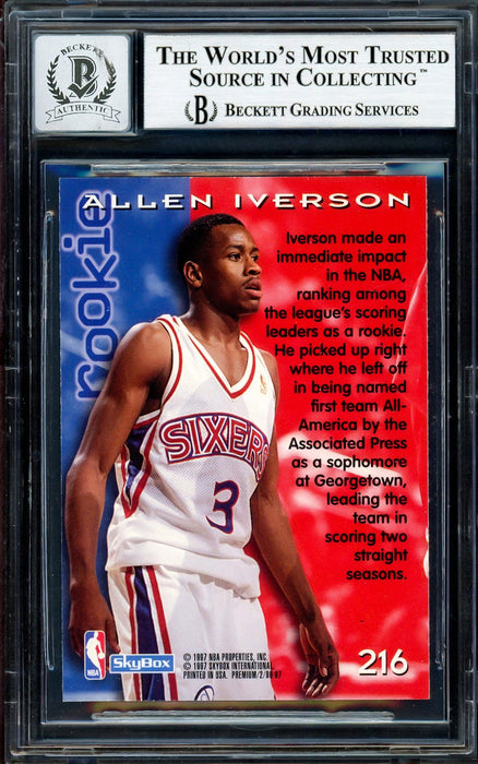 Allen Iverson Autographed 1996-97 Skybox Premium Rookie Card #216 Philadelphia 76ers Auto Grade Gem Mint 10 Beckett BAS Stock #205771 - RSA