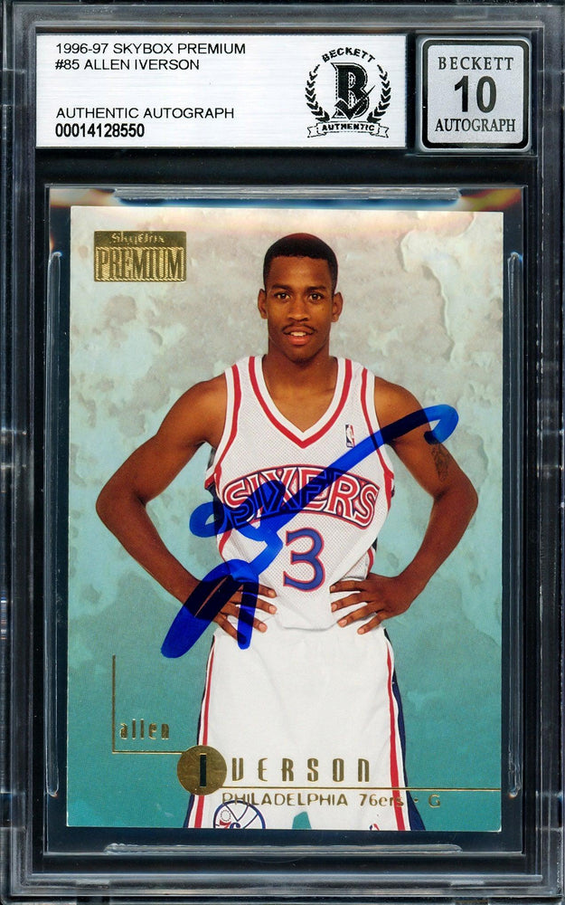 Allen Iverson Autographed 1996-97 Skybox Premium Rookie Card #85 Philadelphia 76ers Auto Grade Gem Mint 10 Beckett BAS Stock #205772 - RSA