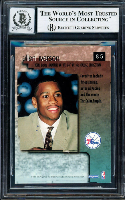 Allen Iverson Autographed 1996-97 Skybox Premium Rookie Card #85 Philadelphia 76ers Auto Grade Gem Mint 10 Beckett BAS Stock #205772 - RSA
