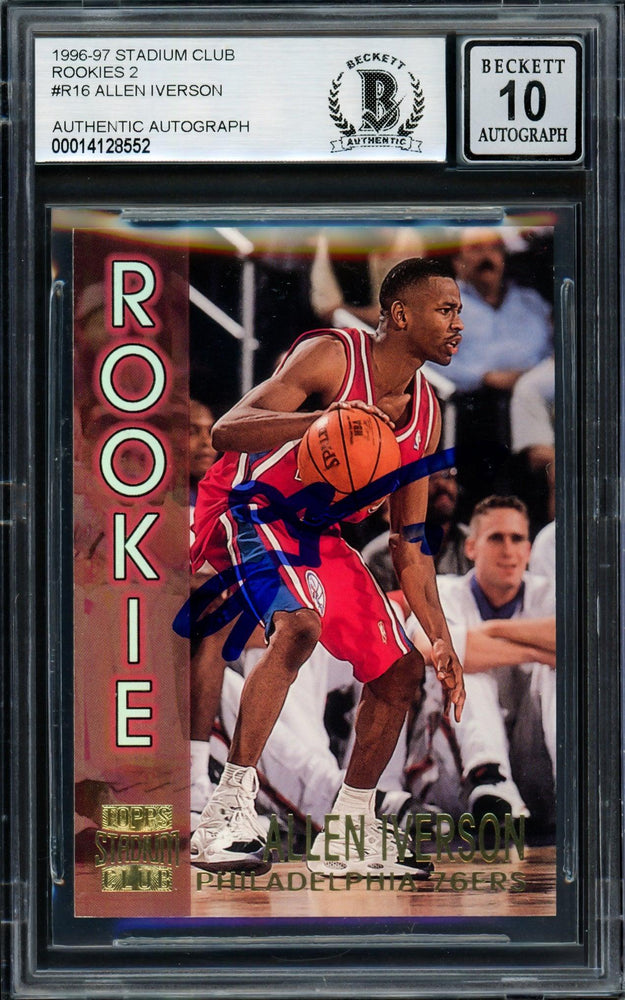Allen Iverson Autographed 1996-97 Stadium Club Rookie Card #R16 Philadelphia 76ers Auto Grade Gem Mint 10 Beckett BAS #14128552 - RSA