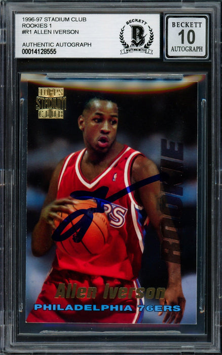 Allen Iverson Autographed 1996-97 Stadium Club Rookie Card #R1 Philadelphia 76ers Auto Grade Gem Mint 10 Beckett BAS #14128555 - RSA