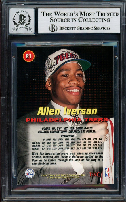 Allen Iverson Autographed 1996-97 Stadium Club Rookie Card #R1 Philadelphia 76ers Auto Grade Gem Mint 10 Beckett BAS #14128555 - RSA