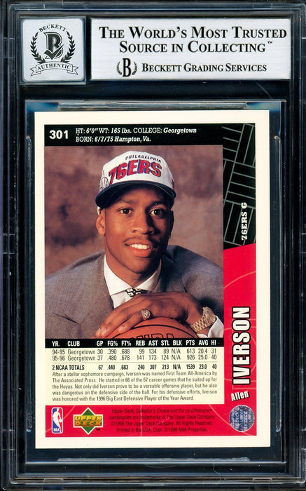 Allen Iverson Autographed 1996-97 Upper Deck Collector's Choice Rookie Card #301 Philadelphia 76ers Auto Grade Gem Mint 10 Beckett BAS Stock #205776 - RSA