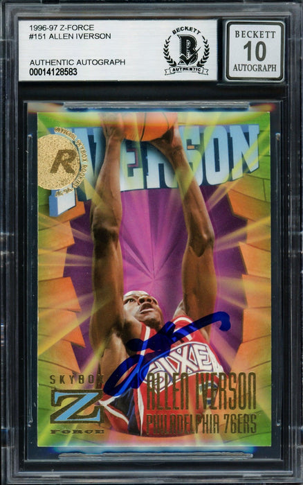 Allen Iverson Autographed 1996-97 Skybox Z Force Rookie Card #151 Philadelphia 76ers Auto Grade Gem Mint 10 Beckett BAS #14128583 - RSA