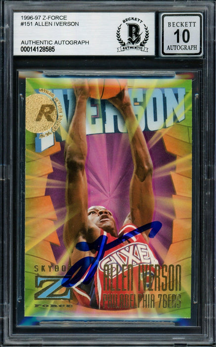 Allen Iverson Autographed 1996-97 Skybox Z Force Rookie Card #151 Philadelphia 76ers Auto Grade Gem Mint 10 Beckett BAS #14128585 - RSA