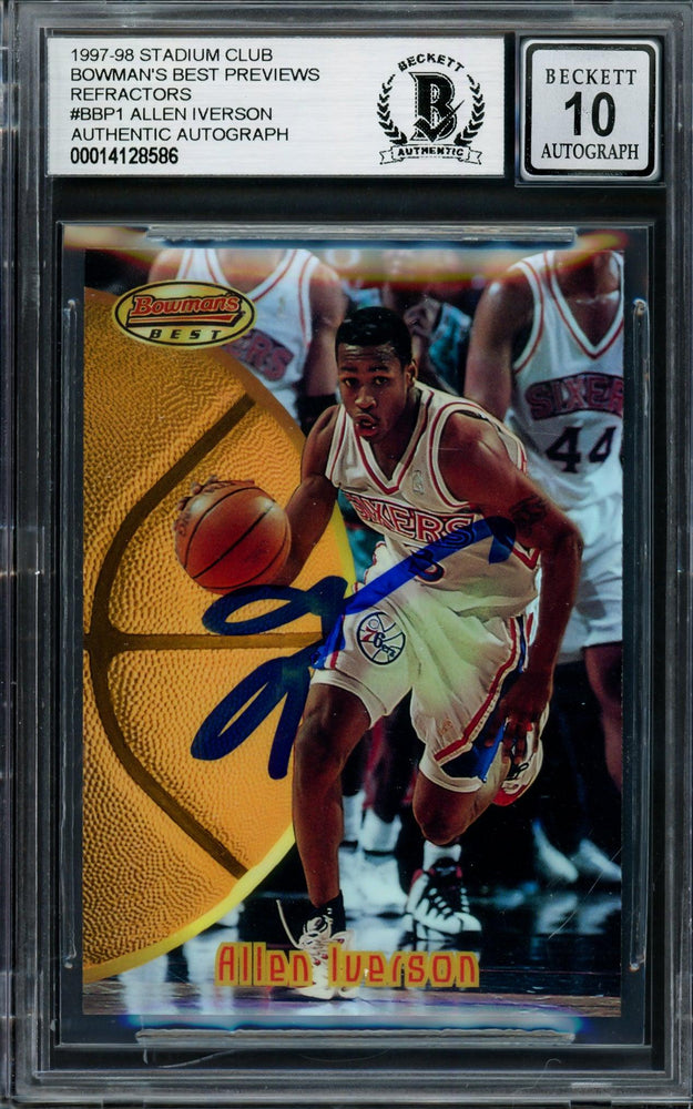 Allen Iverson Autographed 1997-98 Bowman's Best Preview Refractor Rookie Card #BBP1 Philadelphia 76ers Auto Grade Gem Mint 10 Beckett BAS #14128586 - RSA