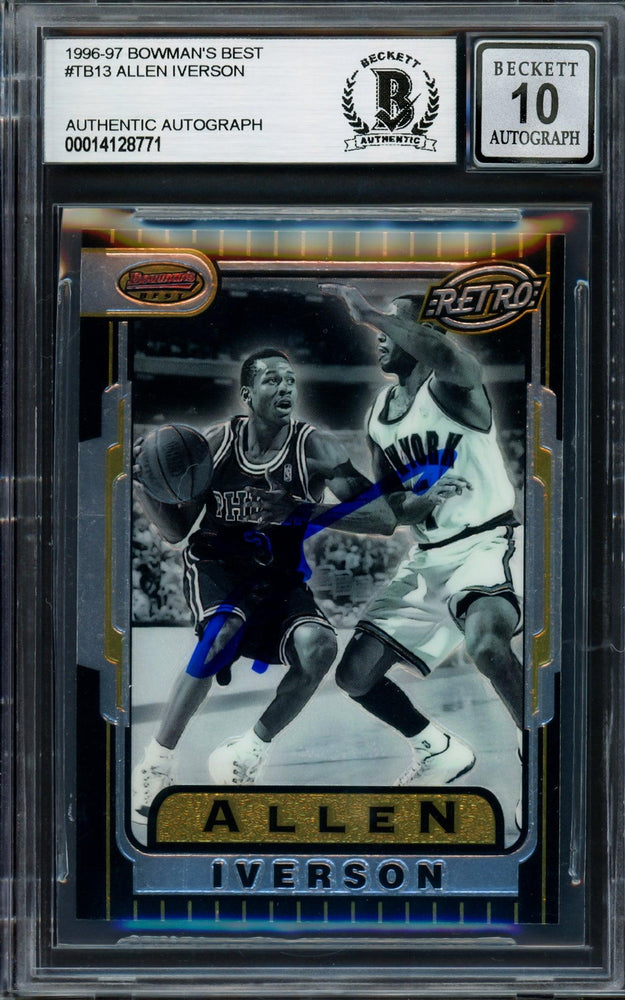Allen Iverson Autographed 1996-97 Bowman's Best Retro Rookie Card #TB13 Philadelphia 76ers Auto Grade Gem Mint 10 Beckett BAS #14128771 - RSA