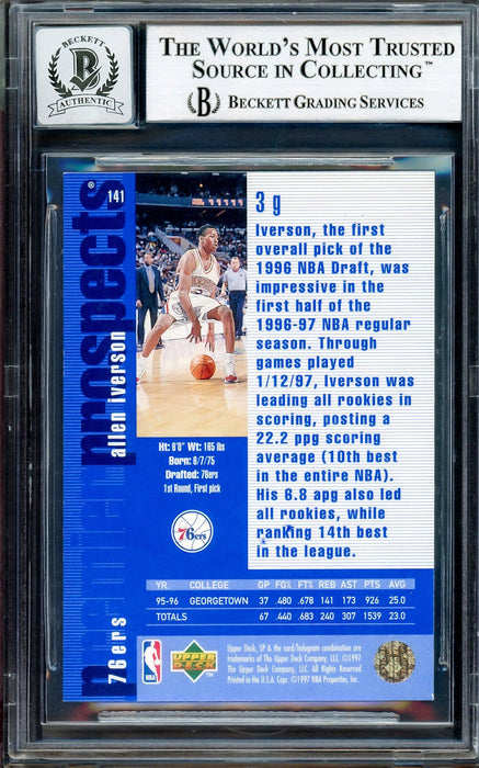Allen Iverson Autographed 1996-97 SP Authentic Rookie Card #141 Philadelphia 76ers Auto Grade Gem Mint 10 Beckett BAS Stock #205793 - RSA