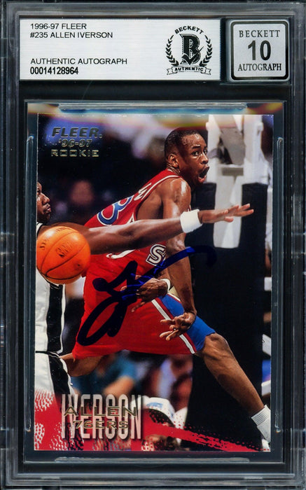 Allen Iverson Autographed 1996-97 Fleer Rookie Card #235 Philadelphia 76ers Auto Grade Gem Mint 10 Beckett BAS #14128964 - RSA