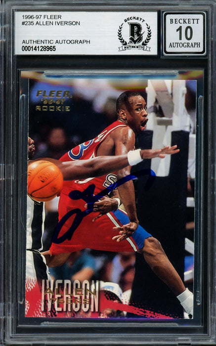Allen Iverson Autographed 1996-97 Fleer Rookie Card #235 Philadelphia 76ers Auto Grade Gem Mint 10 Beckett BAS #14128965 - RSA