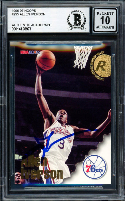 Allen Iverson Autographed 1996-97 Hoops Rookie Card #295 Philadelphia 76ers Auto Grade Gem Mint 10 Beckett BAS Stock #205798 - RSA