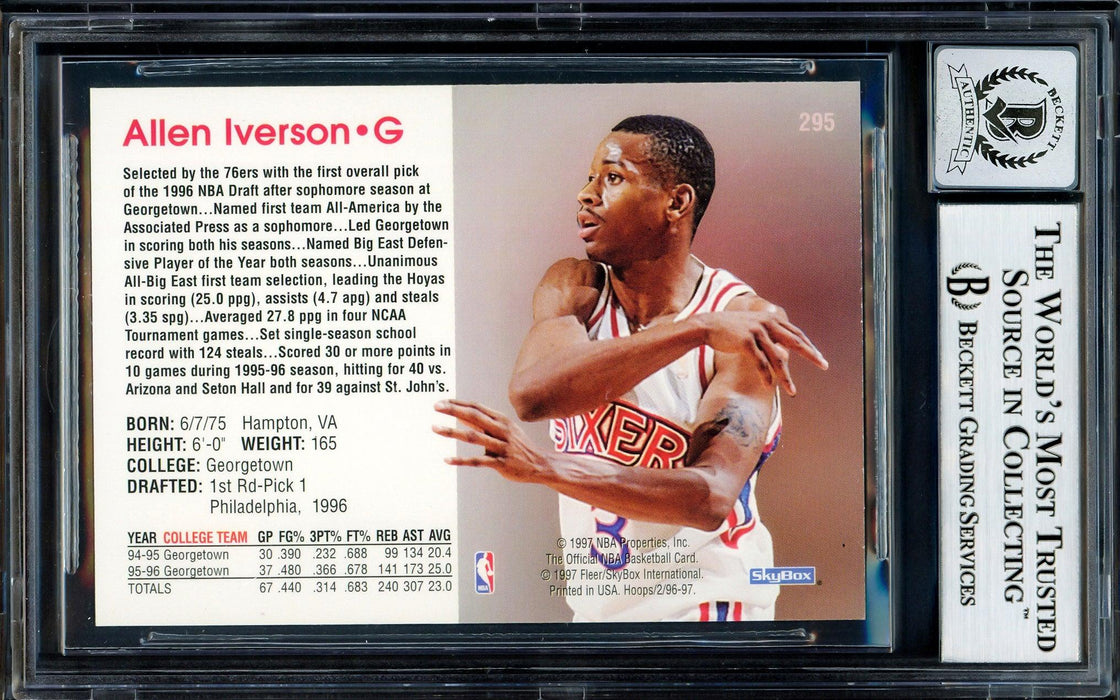 Allen Iverson Autographed 1996-97 Hoops Rookie Card #295 Philadelphia 76ers Auto Grade Gem Mint 10 Beckett BAS Stock #205798 - RSA
