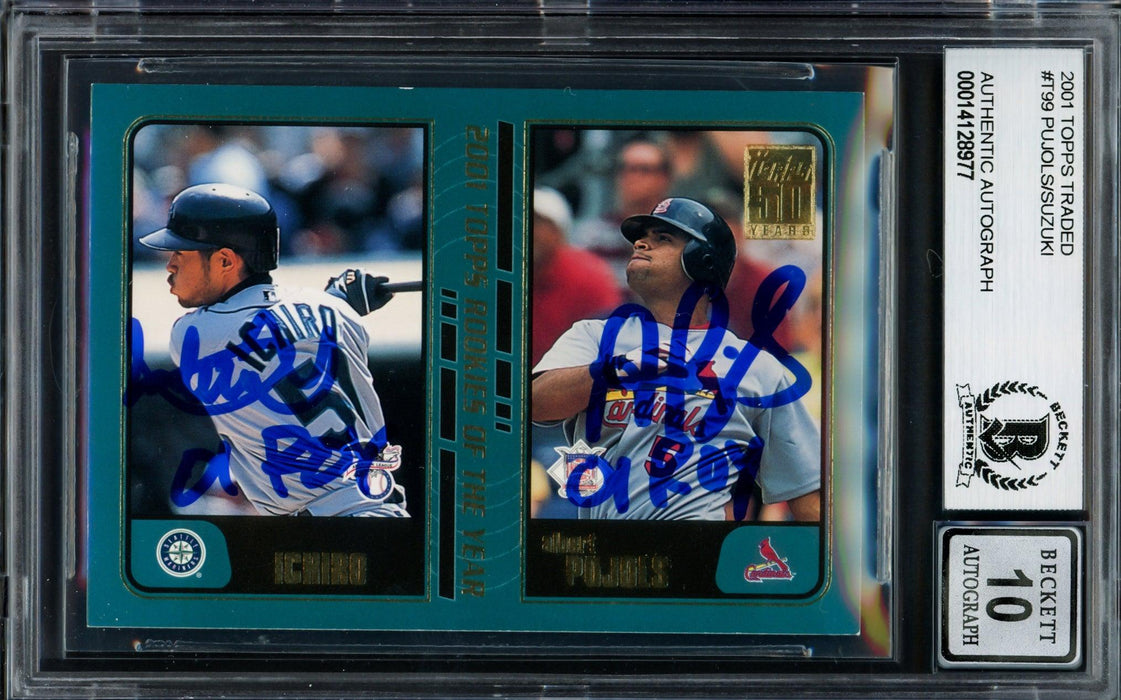 Albert Pujols & Ichiro Suzuki Autographed 2001 Topps Traded Rookie Card #T99 Auto Grade Gem Mint 10 "01 ROY" Beckett BAS #14128977 - RSA