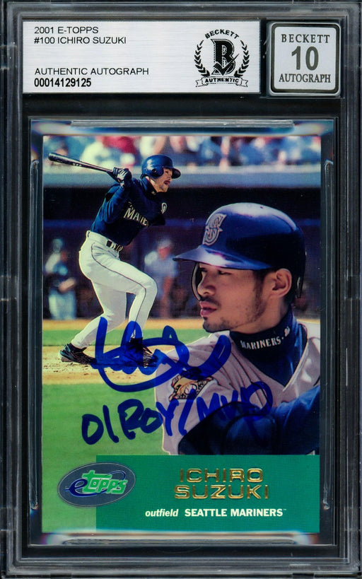 Ichiro Suzuki Autographed 2001 eTopps Rookie Card #100 Seattle Mariners Auto Grade Gem Mint 10 01 ROY/MVP Beckett BAS #14129125 - RSA