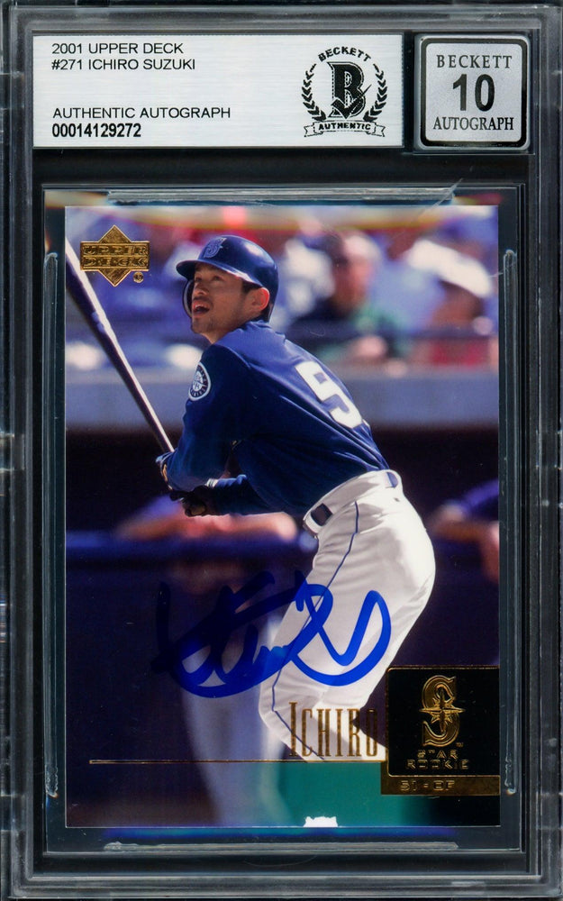 Ichiro Suzuki Autographed 2001 Upper Deck Rookie Card #271 Seattle Mariners Auto Grade Gem Mint 10 (Chipped Bottom) Beckett BAS #14129272 - RSA