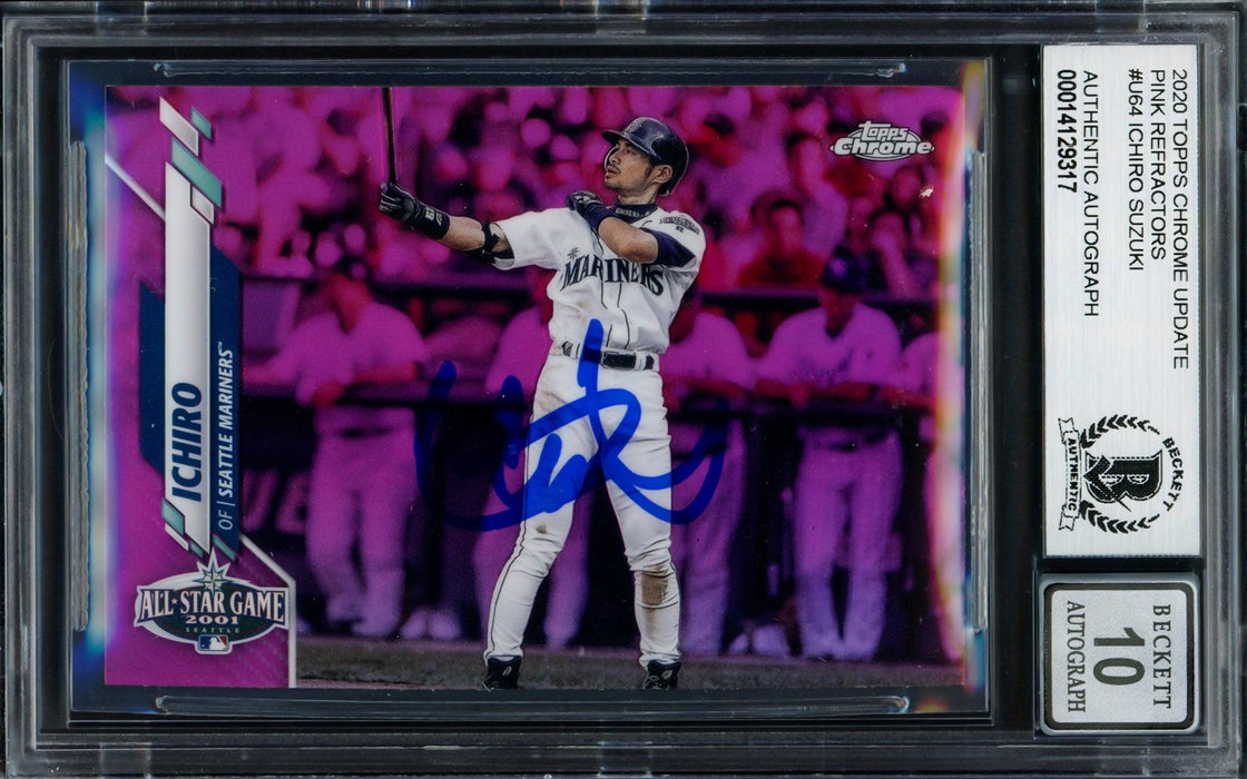 Ichiro Suzuki Autographed 2020 Topps Chrome Update Pink Refractor Card #U-64 Seattle Mariners Auto Grade Gem Mint 10 Beckett BAS #14129317 - RSA