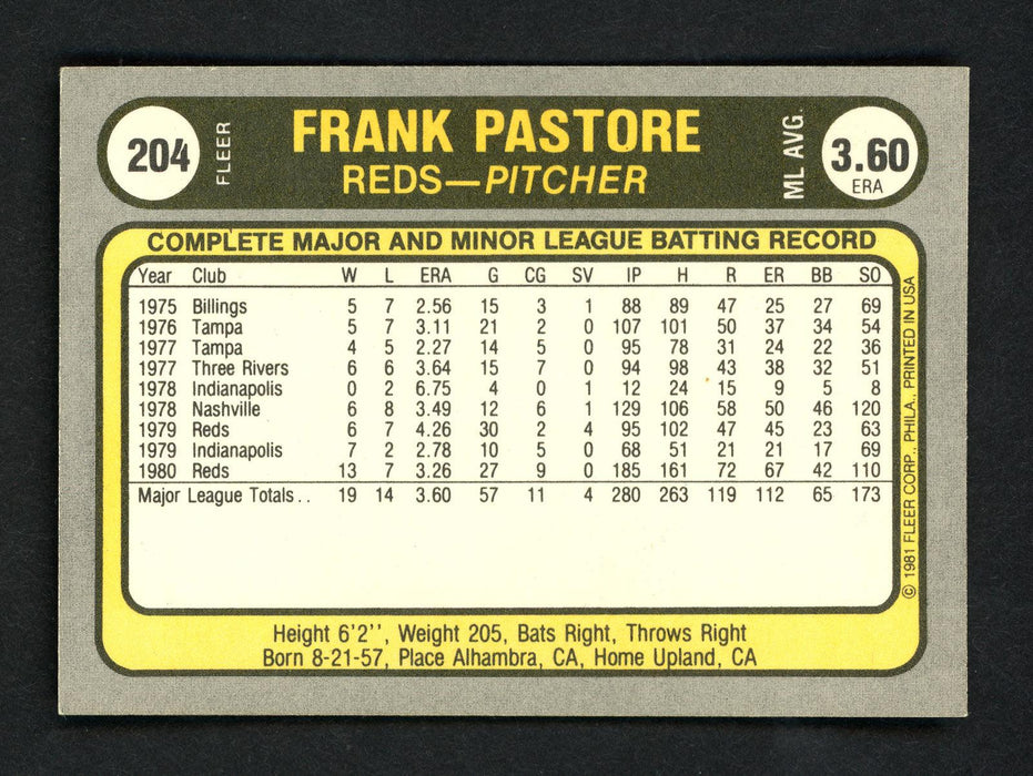 Frank Pastore Autographed 1981 Fleer Card #204 Cincinnati Reds SKU # 158572 - RSA
