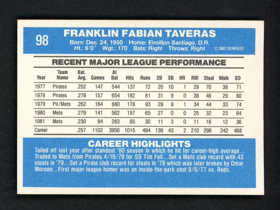Frank Taveras Autographed 1982 Donruss Card #98 New York Mets SKU # 158584 - RSA