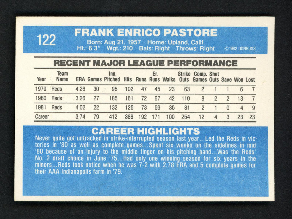 Frank Pastore Autographed 1982 Donruss Card #122 Cincinnati Reds SKU # 158586 - RSA