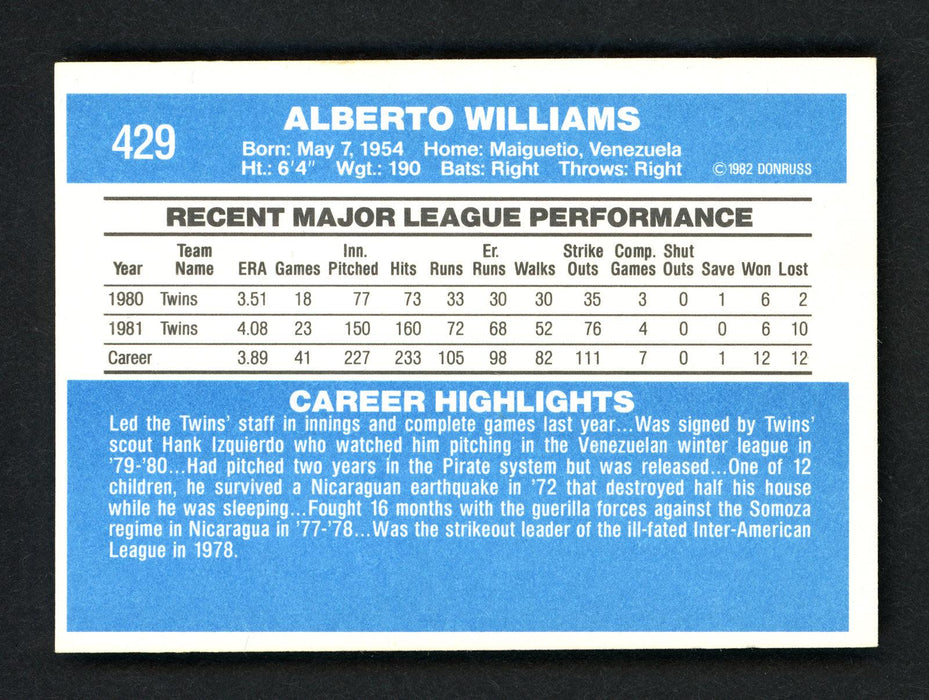 Al Williams Autographed 1982 Donruss Card #429 Minnesota Twins SKU # 158601 - RSA