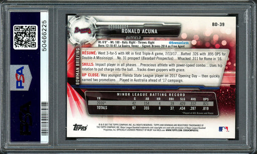 Ronald Acuna Jr. Autographed 2017 Bowman Draft Rookie Card #BD39 Atlanta Braves PSA 9 Auto Grade Mint 9 PSA/DNA #50466225 - RSA