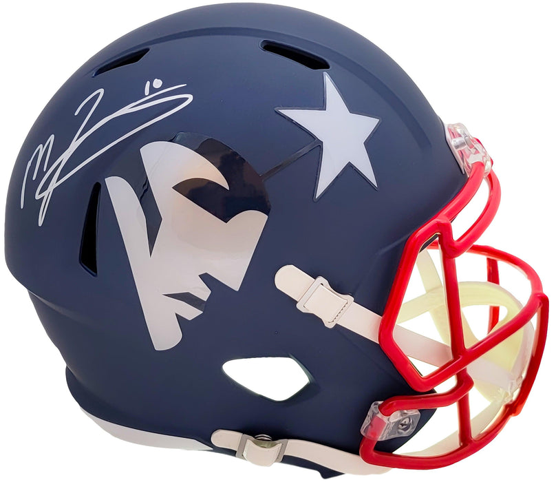 Mac Jones Autographed New England Patriots AMP Blue Full Size Replica Speed Helmet Beckett BAS Witness Stock #206519 - RSA