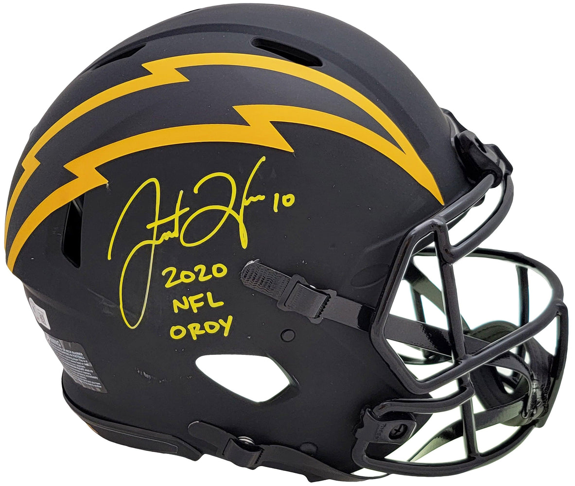 Justin Herbert Autographed Los Angeles Chargers Eclipse Black Full Size Authentic Speed Helmet "2020 NFL OROY" (Scuffed) Beckett BAS Witness Stock #206932 - RSA