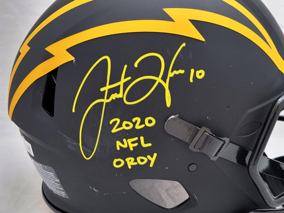 Justin Herbert Autographed Los Angeles Chargers Eclipse Black Full Size Authentic Speed Helmet "2020 NFL OROY" (Scuffed) Beckett BAS Witness Stock #206932 - RSA