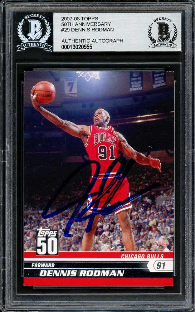 Dennis Rodman Autographed 2007-08 Topps 50th Anniversary Card #29 Chicago Bulls Beckett BAS Stock #195976 - RSA