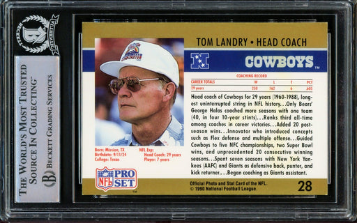 Tom Landry Autographed 1990 Pro Set Card #28 Dallas Cowboys Beckett BAS #14230967 - RSA