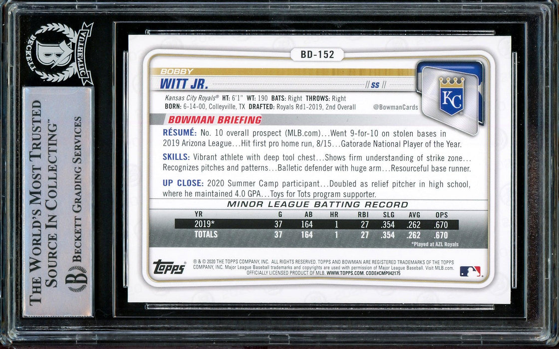 Bobby Witt Jr. Autographed 2020 Bowman Draft Rookie Card #BD-152 Kansas City Royals Beckett BAS Stock #206566 - RSA
