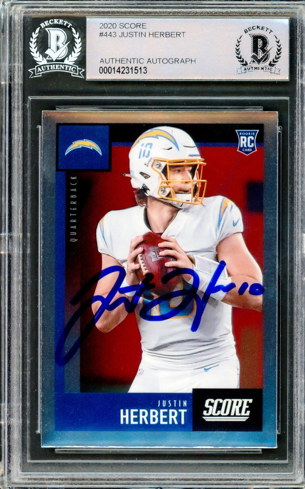 Justin Herbert Autographed 2020 Score Rookie Card #443 Los Angeles Chargers Beckett BAS Stock #206592 - RSA