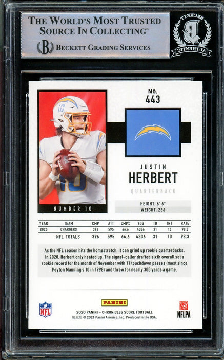 Justin Herbert Autographed 2020 Score Rookie Card #443 Los Angeles Chargers Beckett BAS Stock #206592 - RSA