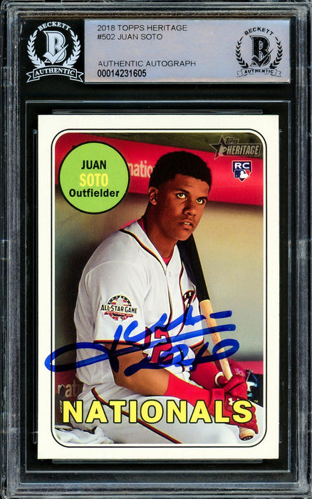 Juan Soto Autographed 2018 Topps Heritage Rookie Card #502 Washington Nationals Beckett BAS Stock #206609 - RSA