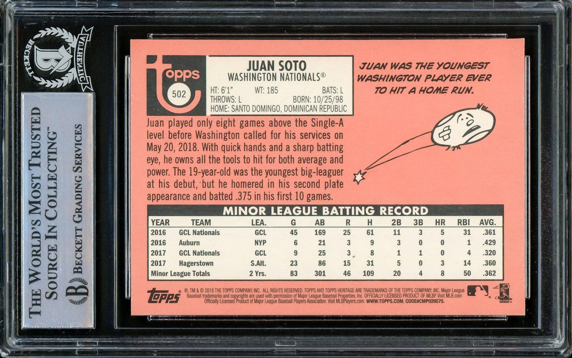 Juan Soto Autographed 2018 Topps Heritage Rookie Card #502 Washington Nationals Beckett BAS Stock #206609 - RSA