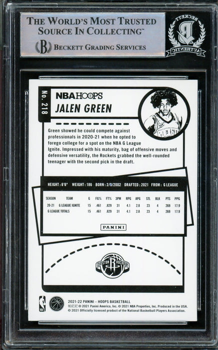 Jalen Green Autographed 2021-22 NBA Hoops Blue Rookie Card #218 Houston Rockets Beckett BAS #14231677 - RSA